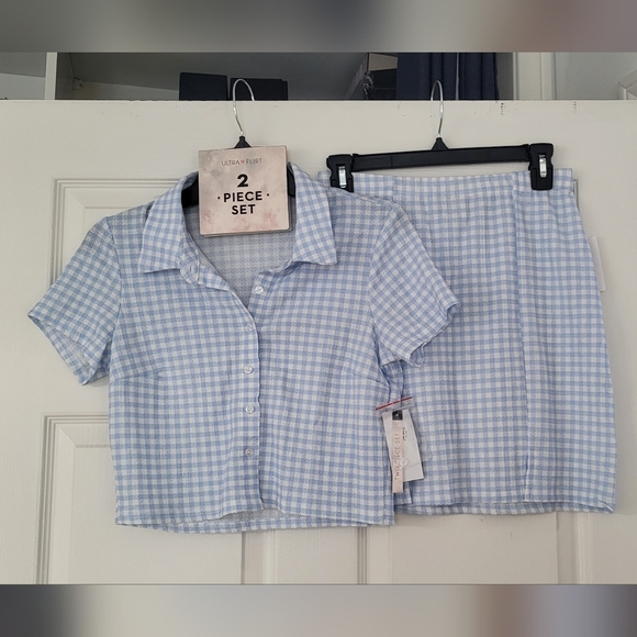 Ulta Flirt Baby Blue Checkered Button Up Crop Top & Mini Skirt Set - Picture 4 of 15